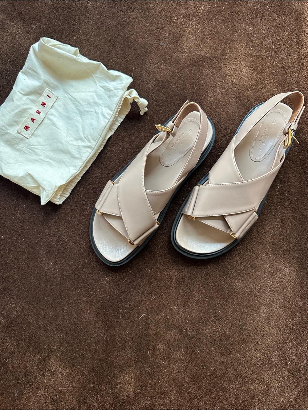 Marni Nude Beige Leather Cross-Strap Slingback Sandals with Gold Buckle